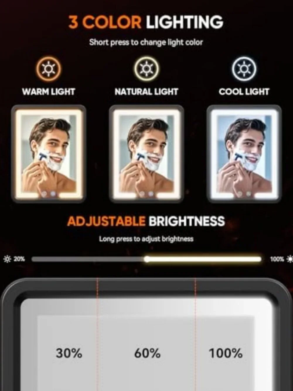 Fogless Heated Shower Mirror for Shaving - Dimmable Lights, Anti-Fog, No-Drill